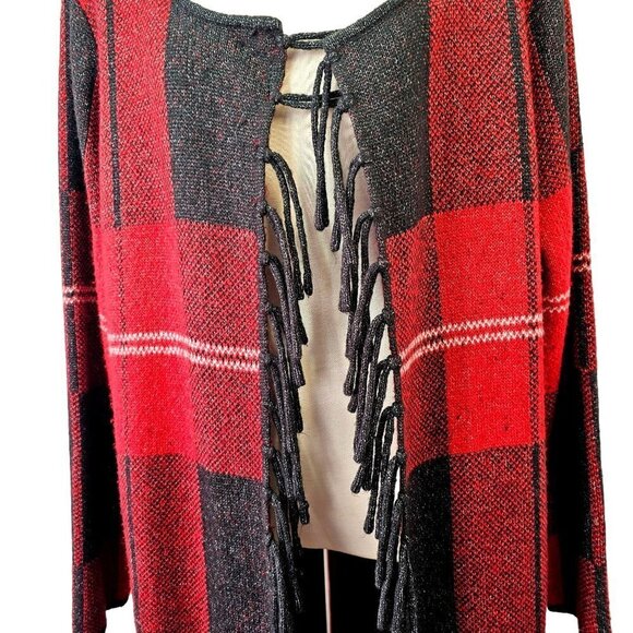 Adrienne Vittadini Long Open Cardigan Sweater Fringed Black Red Plaid Womens 2X - Picture 3 of 10
